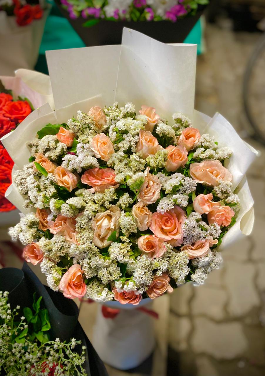 Pink Cut Rose & White Statice