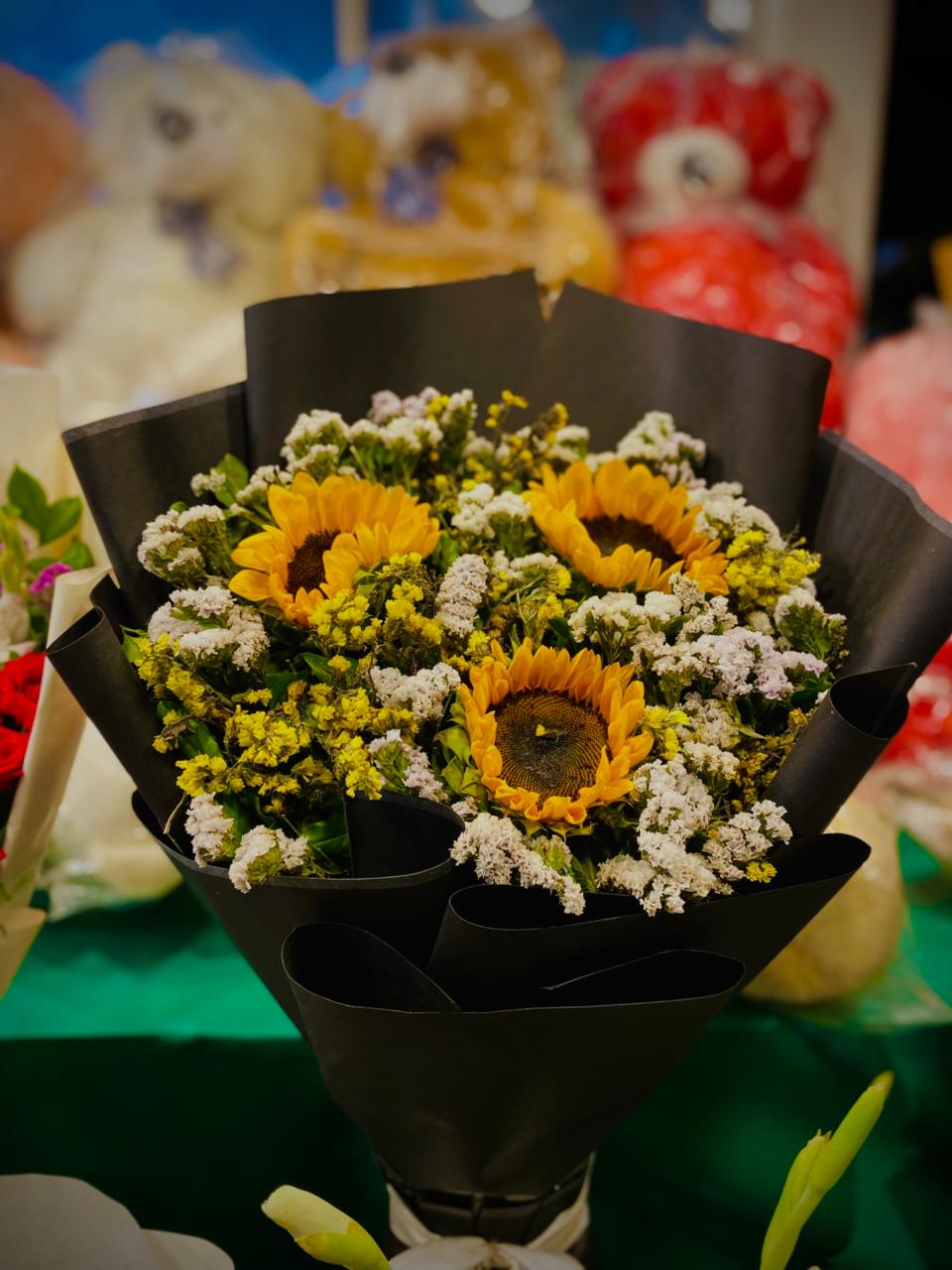 Bouquet of Sun Flower, White Statice & Yellow statice